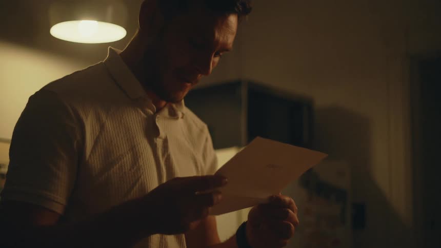 Man looking at a letter with a crying expression