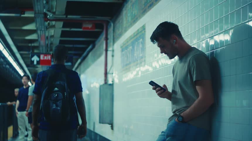 Man leaning against wall texting on his cell phone waiting at a terminal