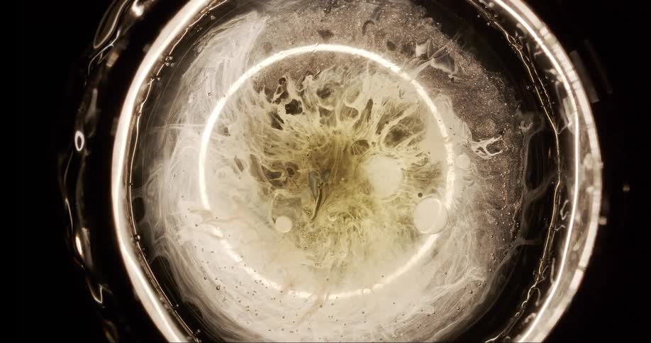 Extreme close up on a circle with a liquid with lighting
