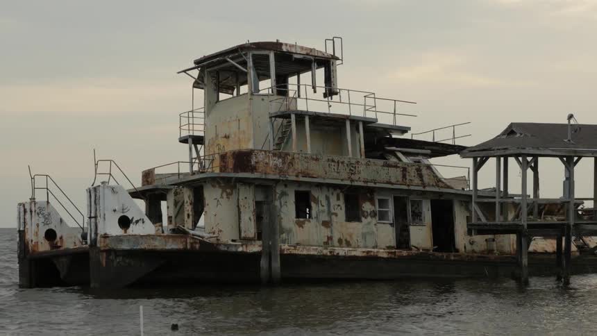 An old rusty tugboat at dusk