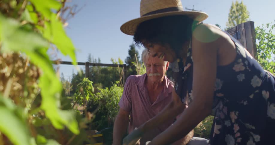 Older man smiles while he watches woman gardening on a sunny day