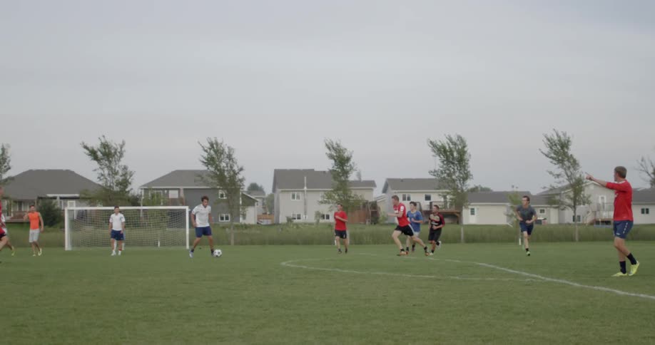 A large group of friends are all playing soccer