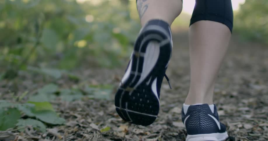 Someones legs are being filmed from behind as they run through a wooded trail