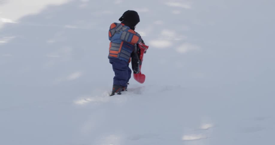 A young boy shovels snow