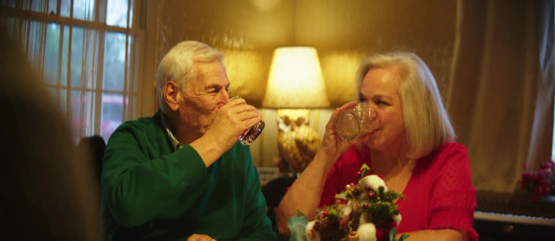 Elderly couple sitting at a table toasting