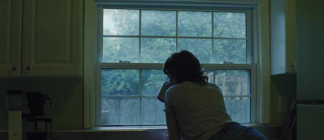 A person turned around and drinking something from a white mug while looking through the glass window at the outside environment