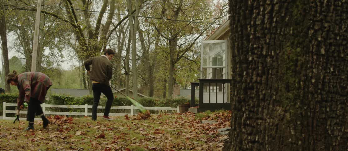 A young couple is raking leaves in the front yard