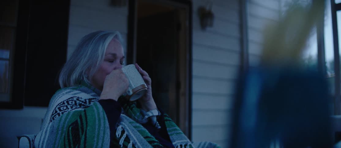 A grayhaired woman is sitting on the porch of a wooden house and drinking something from a mug