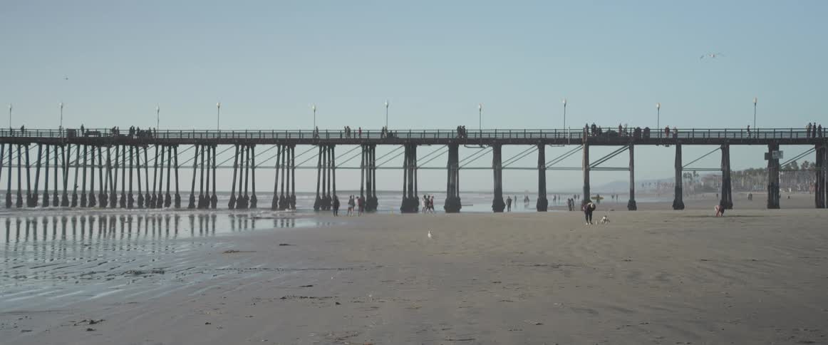 People walking on a pier bridge on the beach and others on the sand