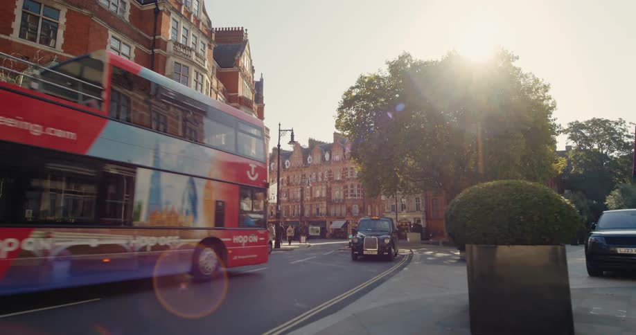 A bus drives down the city road