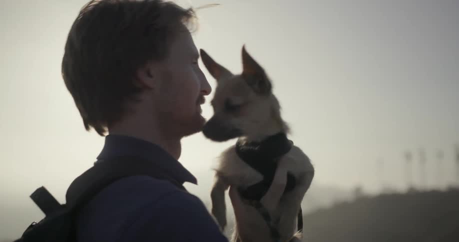 A man is holding a tiny dog