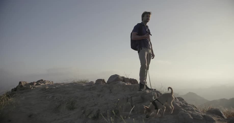 A hiker and his dog stand atop a mountain