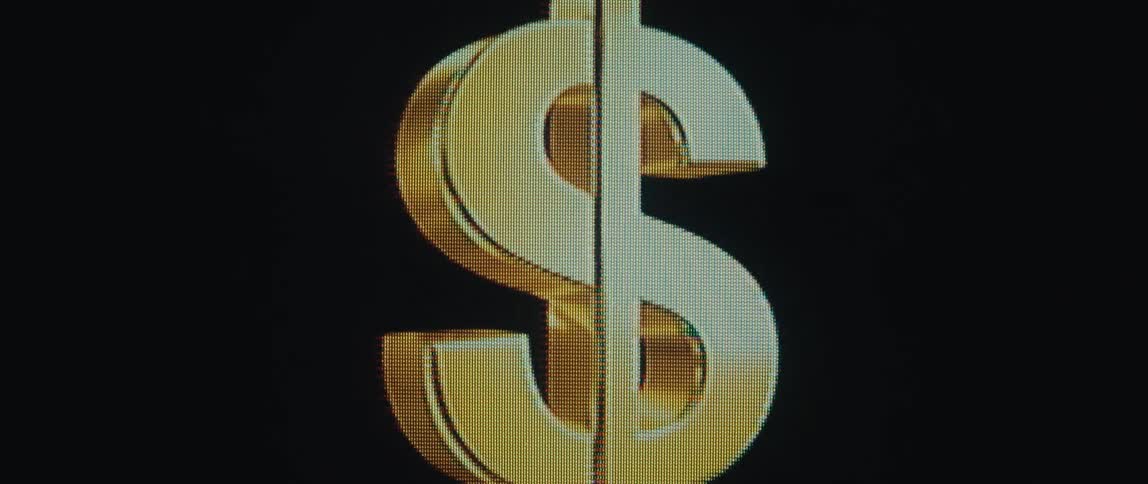 Golden dollar sign rotates slowly against a black background