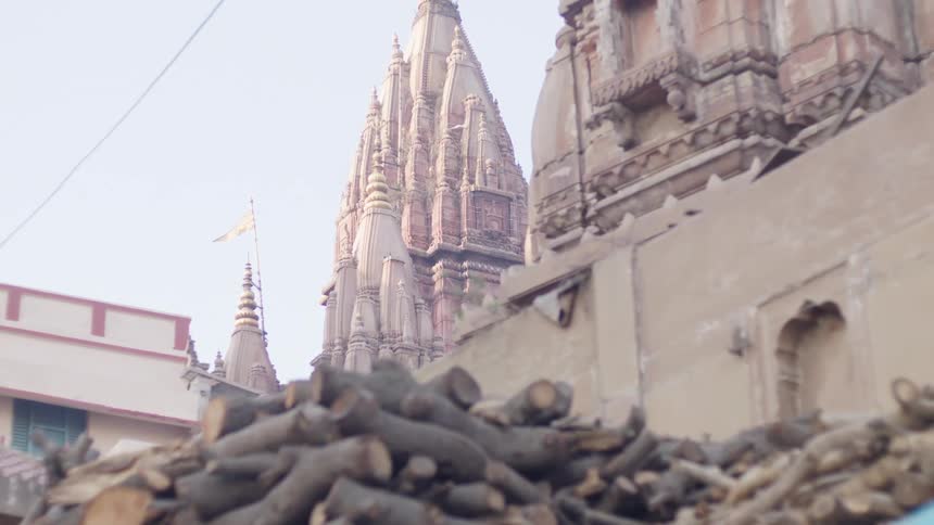 Classical cathedral tower in the background and chopped logs in the foreground