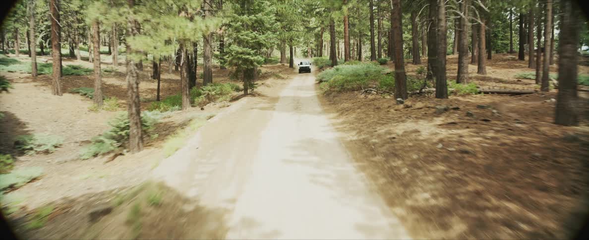 White offroad car in a straight line along a trail surrounded by forests