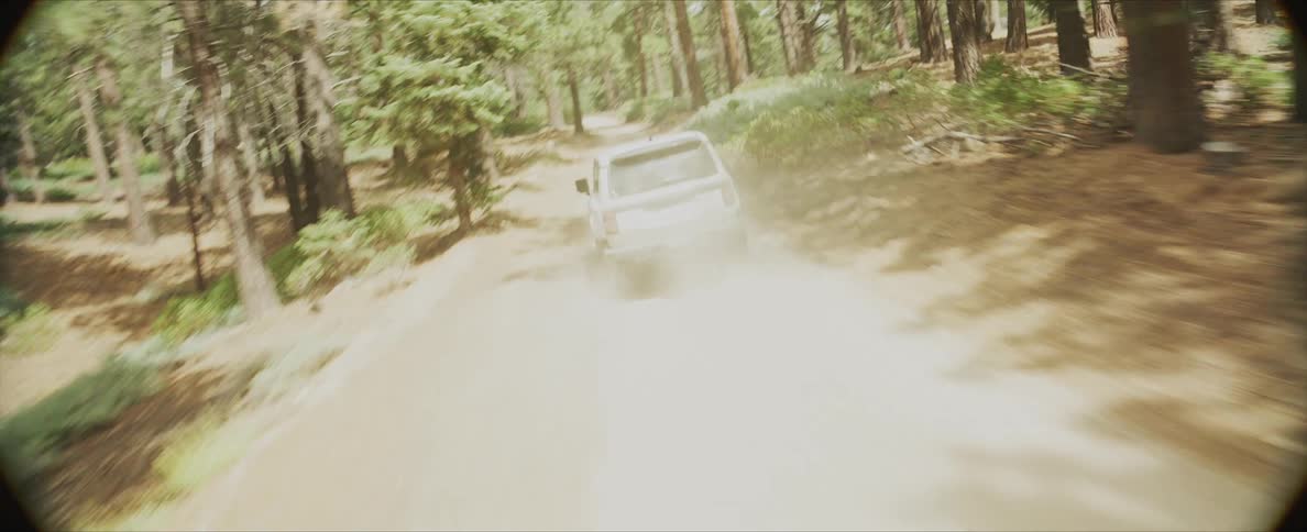 A white suv drives down a gravel road in an evergreen forest on a sunny day