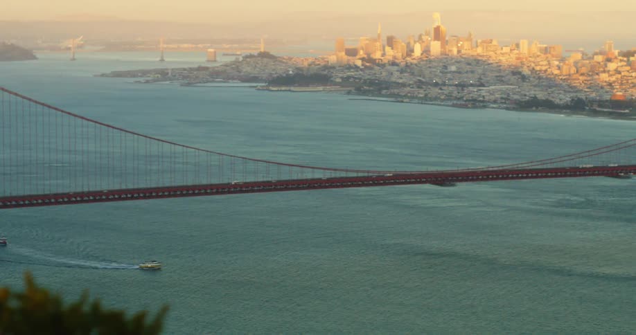 Golden Gate Bridge and San Francisco in the sunset.