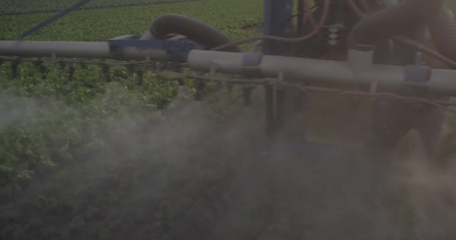 A tractor sprays crops with water