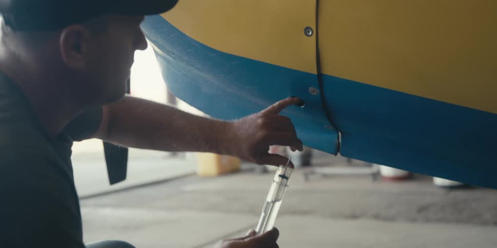 Mechanic sampling fuel from a small aircraft