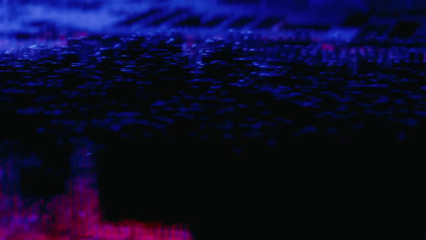 Abstract composition with geometric patterns in grids and dots illuminated by vibrant shades of neon blue and pink