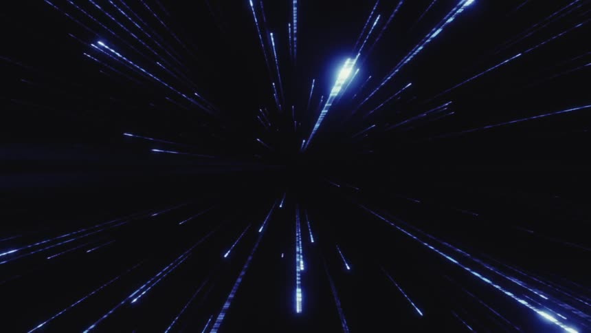 A mesmerizing display of lines of binary code radiating from a central point resembling a cosmic explosion or a futuristic warp drive effect