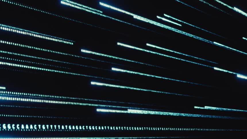 Lines of DNA code flying through a black environment
