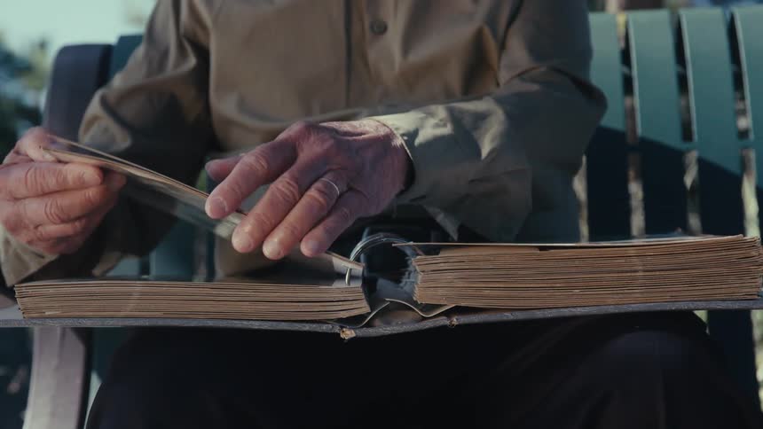 A man flips through a photo album in the park