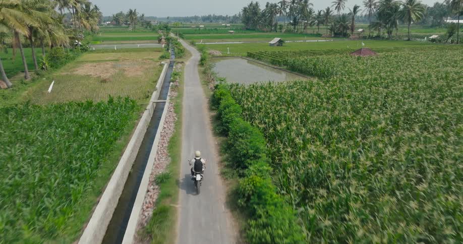 A man rides a dirt bike on a narrow road in the countryside