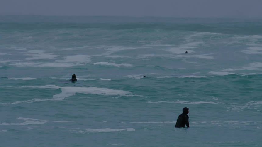 Surfers wait for waves at sea