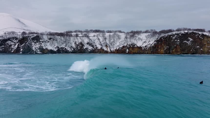 Three surfers in a blue ocean with the snowy coast in the background