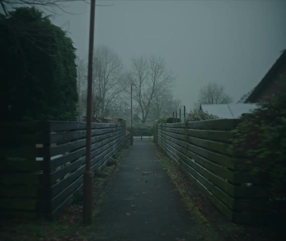 A street between two fenced yards