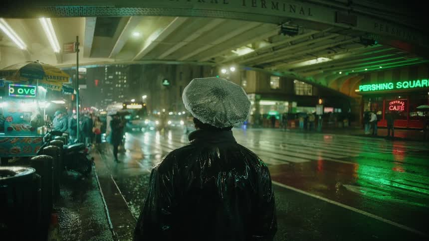 A police officer wearing a raincoat and a plastic cover on their head stands under an overpass at night facing a busy rainsoaked street with neon signs