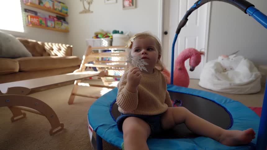 A little blonde girl is sitting on a small blue trampoline and she is playing with a snowflake object and puts it behind her