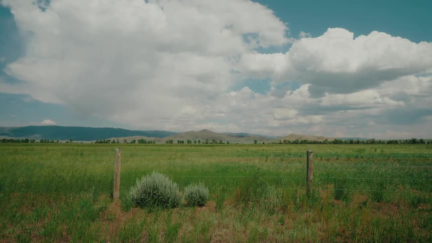 Landscape of a green field outdoors with mountains in the background