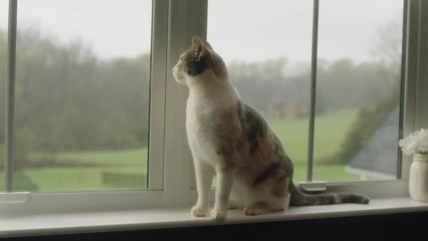 House cat sitting on a windowsill looking around