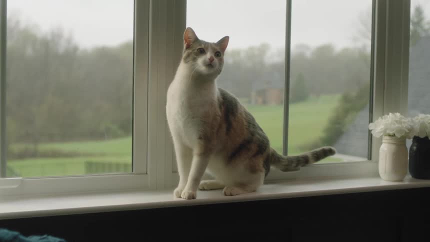 Cat on the corner of the window in the interior space of the house