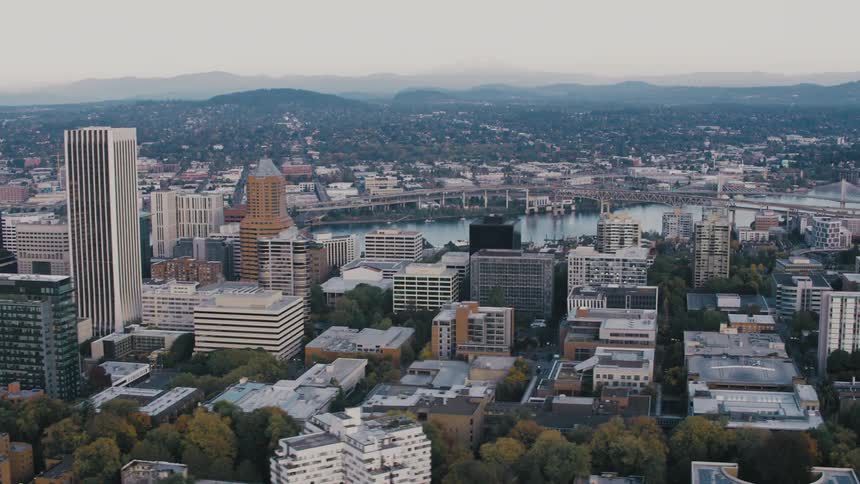 Aerial of the skyscrapers and bridges in downtown portland oregon