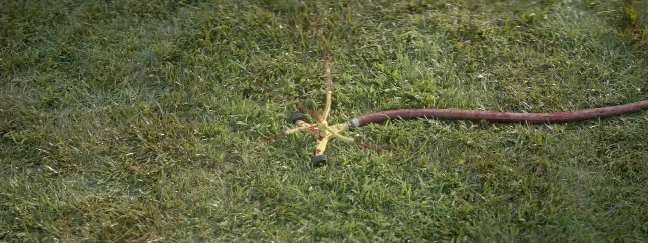 A sprinkler sprays red liquid onto the grass