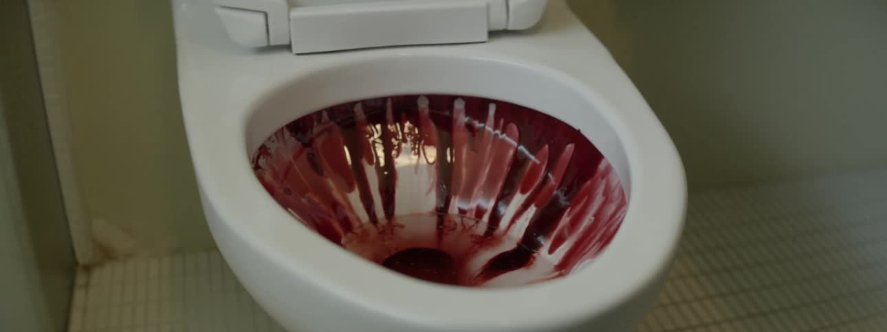 Red liquid around the sides of a toilet bowl