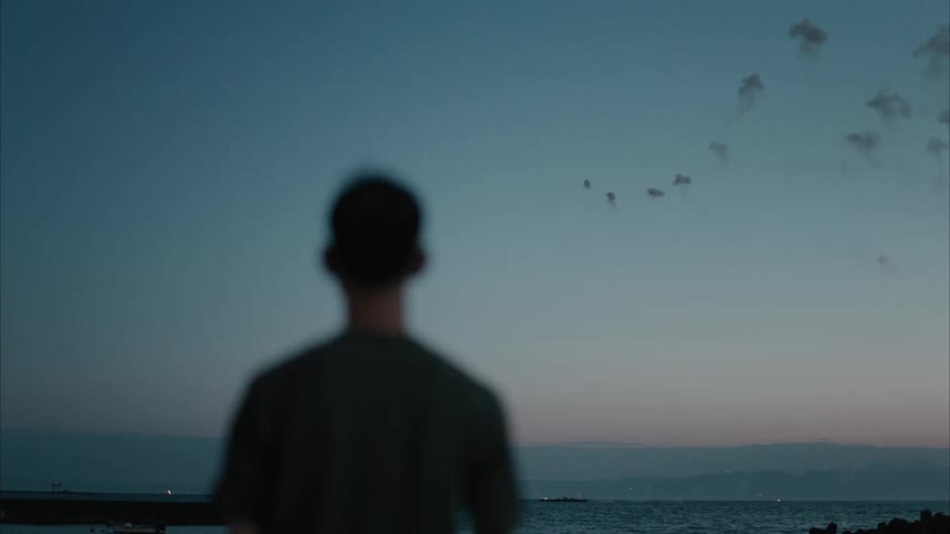 Young man standing along the coast watching fireworks at dusk