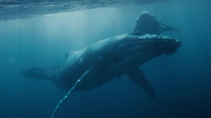 A mother humpback whale and her calf swim together in the ocean