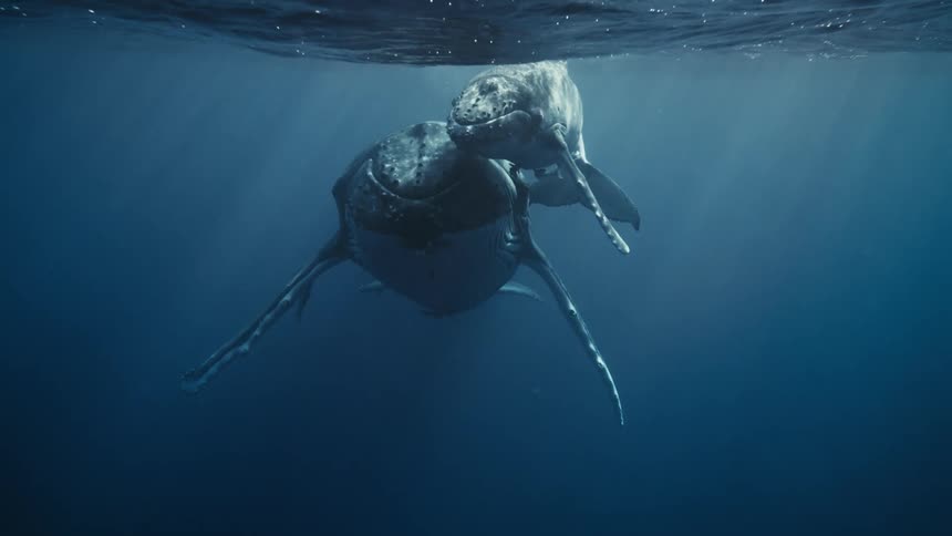 A humpback whale and its calf swim through the ocean