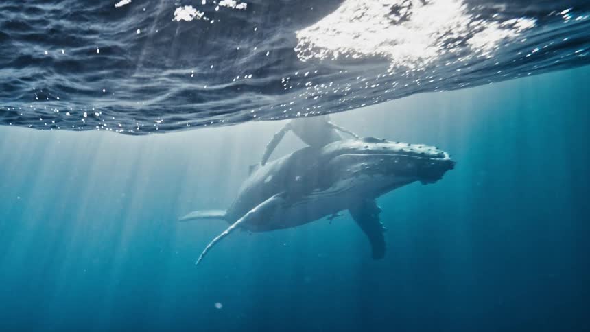 A young humpback whale rides on its mothers back