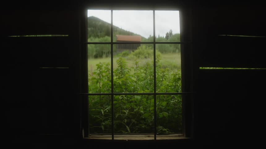 A view through a dark barred window shows a rustic building and greenery in a rural setting