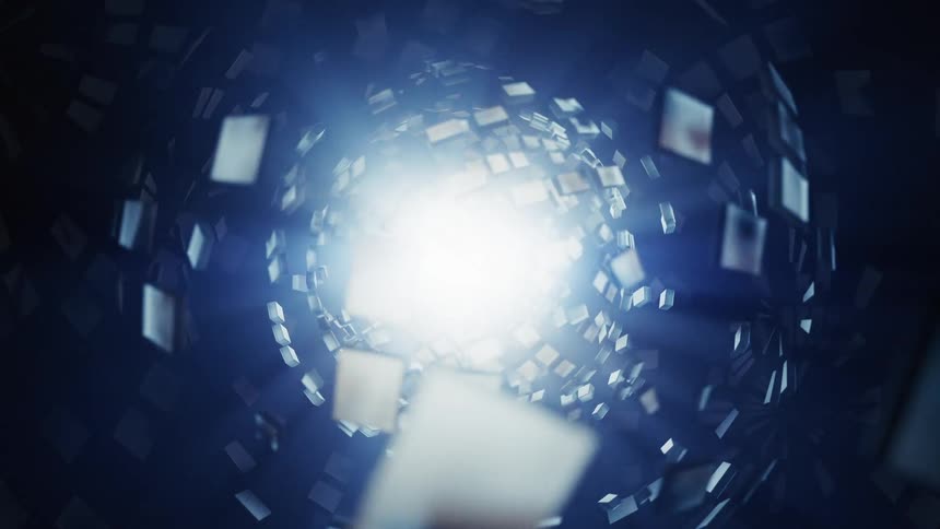 Light in the center with abstract papers orbiting around