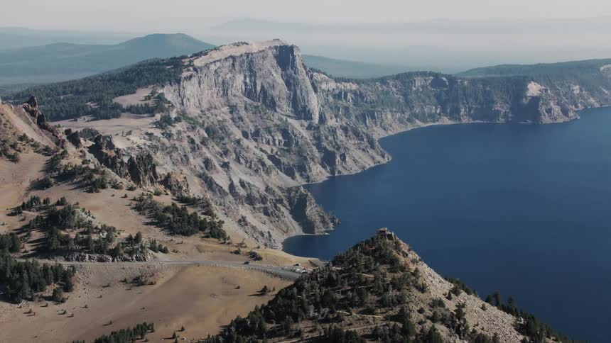Aerial of an overlook at crater lake national park in oregon