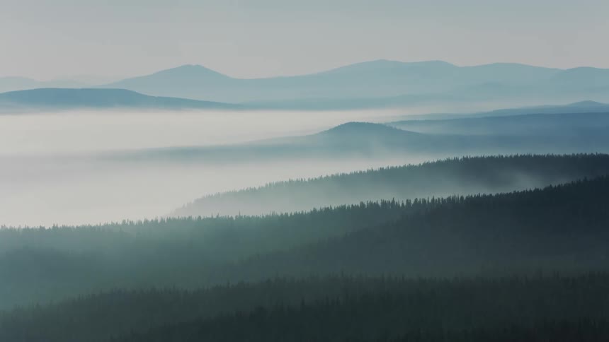 Fog covers forested mountains across the landscape