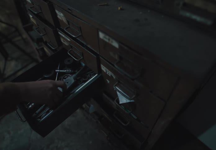 A person pulls out a drawer in a tool cabinet full of metal parts