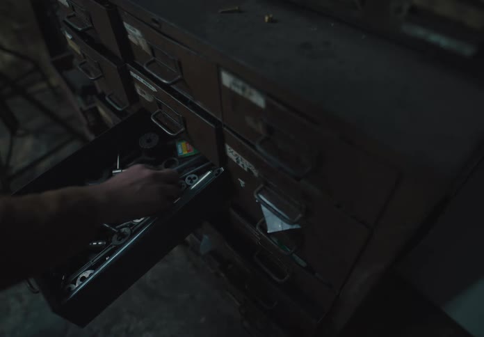 Hand pulling out drawers of a cabinet in a workshop and picking up tools