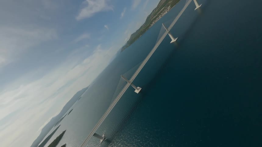 A twisting shot of a long bridge